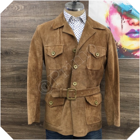 VINTAGE Mens Suede Blazer Belted Sport Coat Casual Jacket Size 40R Leather Suit